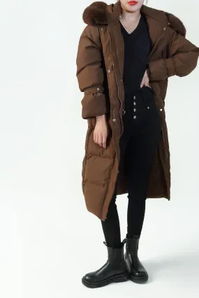 Dames winterjas met bontkraag parka lang bruin 